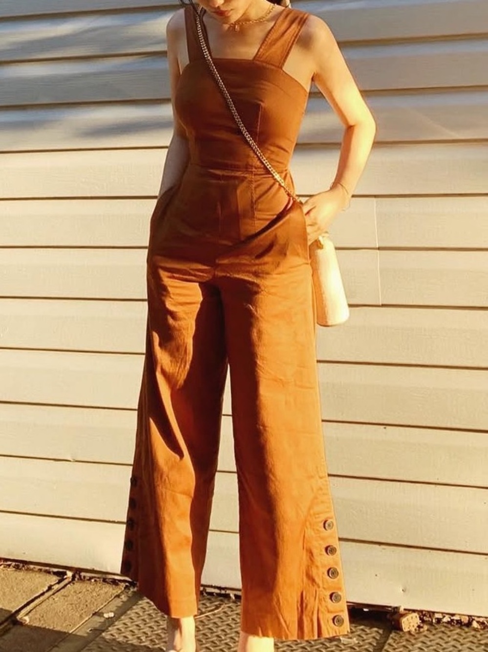 club manaco Wide-Leg Button-Hem Jumpsuit in Burnt Orange